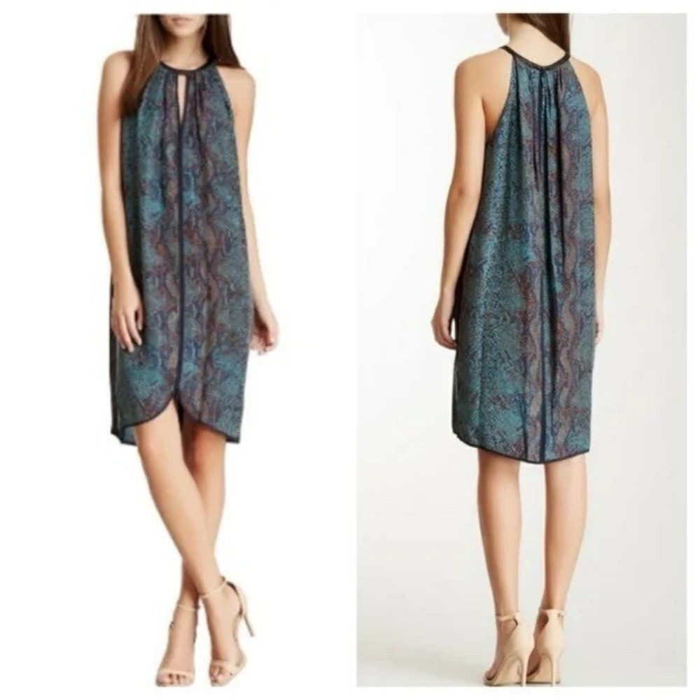 Rebecca Taylor Midi Dress Teal Snake Print Halter Neck Asymmetric Silk Sz 4